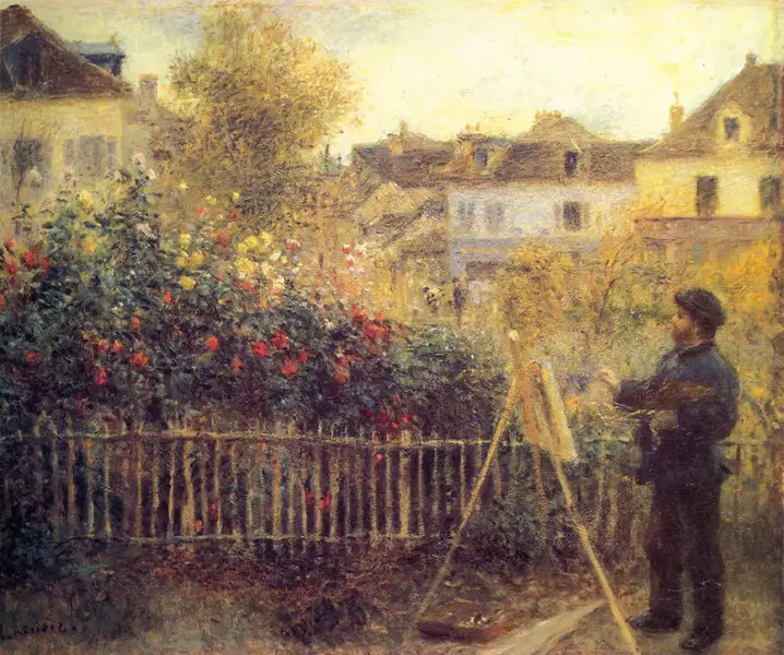 Claude Monet, malend in seinem Garten